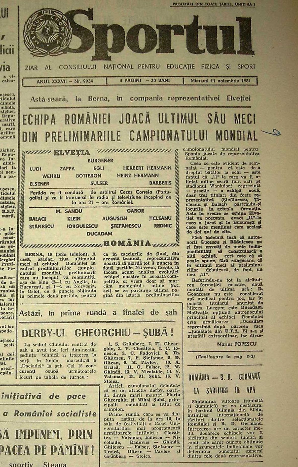 Elveția - România 0-0, file de poveste de la debutul lui Mircea Lucescu pe banca naționalei - 11 noiembrie 1981