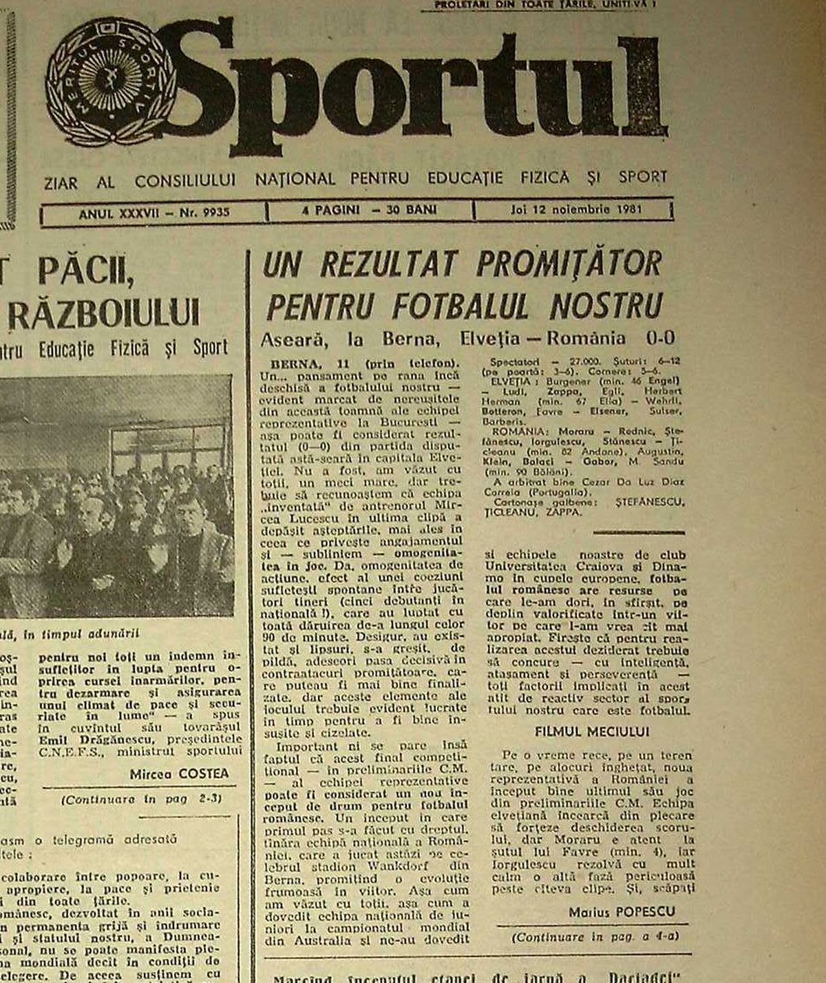 Elveția - România 0-0, file de poveste de la debutul lui Mircea Lucescu pe banca naționalei - 11 noiembrie 1981