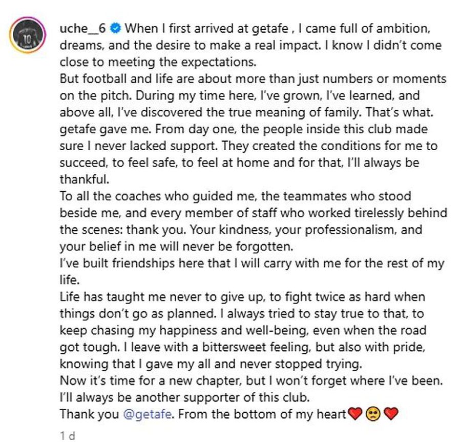 Mesajul postat de Christantus Uche / Foto: Instagram Au luat unul de la altul! Doi fotbaliști de la cluburi diferite au postat mesaje de despărțire IDENTICE, iar ironiile curg în valuri