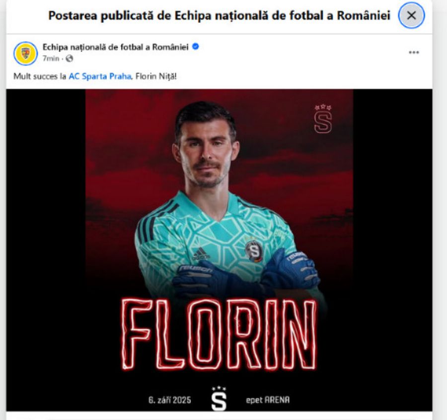 FRF, gafă cu Florin Niță! Au anunțat eronat transferul acestuia la Sparta Praga Gafele s-au mutat din Arenă pe Facebook! FRF „l-a transferat” pe Florin Niță la Sparta Praga: „Mult succes!” » Despre ce era vorba, de fapt