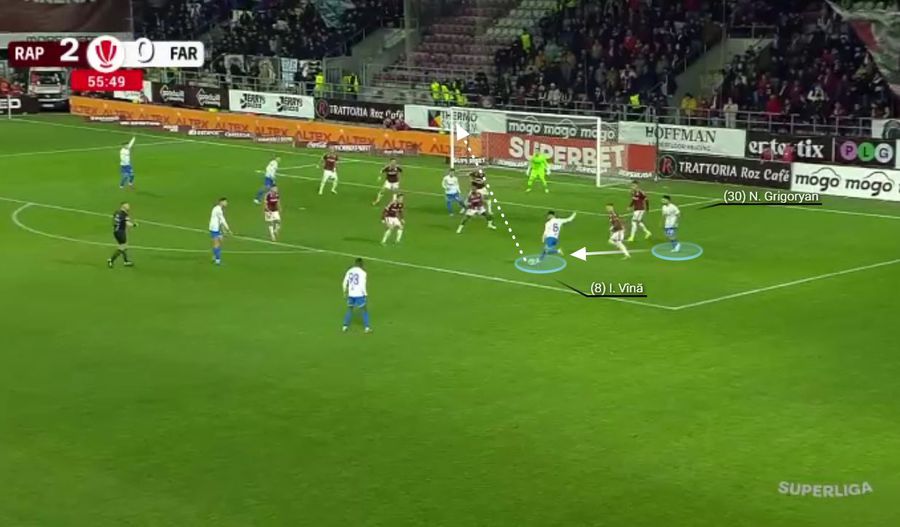 Golul lui Ionuț Vînă. Marian Aioani nu a putut interveni. Foto generat în platforma Wyscout Meciul complet » Cum a adus-o Gâlcă pe Rapid în punctul pe care Șumudică nu l-a atins niciodată