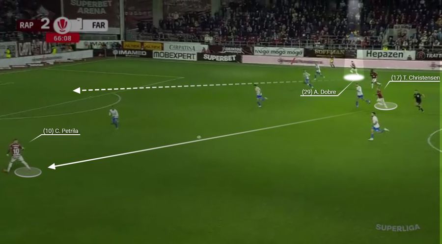 Alex Dobre, cursă din profunzime la golul de 3-1. Foto generat în platforma Wyscout Meciul complet » Cum a adus-o Gâlcă pe Rapid în punctul pe care Șumudică nu l-a atins niciodată