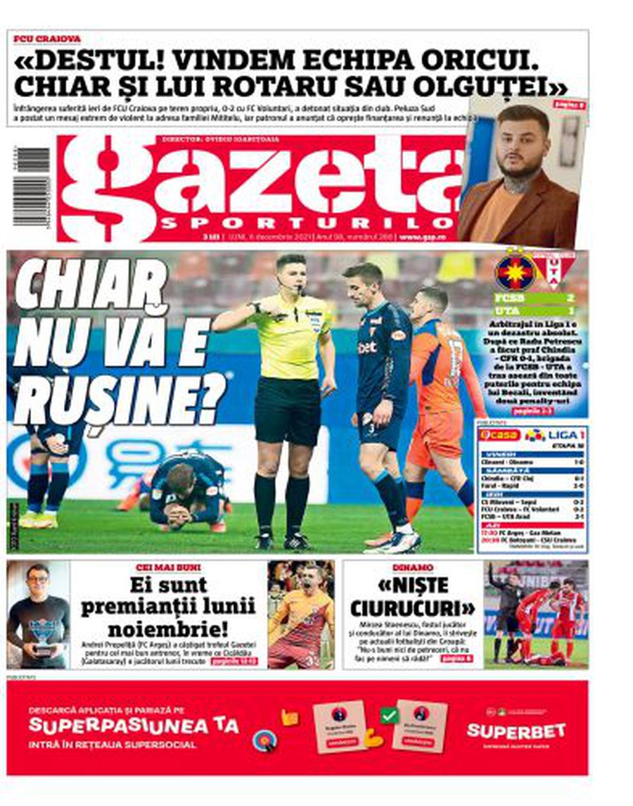 Prima pagină din Gazeta de azi „Chiar nu vă e rușine?” » Titlu dur pe prima pagina a Gazetei de azi + notele minuscule pentru prestațiile arbitrilor