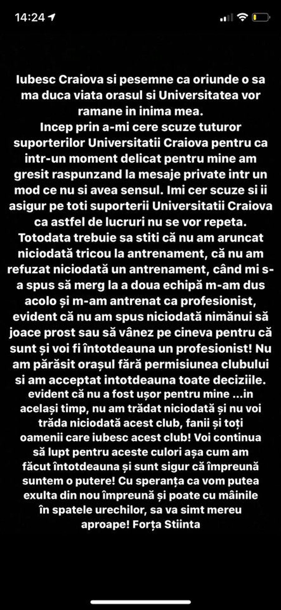 CRAIOVA // Pigliacelli le-a prezentat scuze fanilor: ”Nu voi trăda niciodată acest club!”