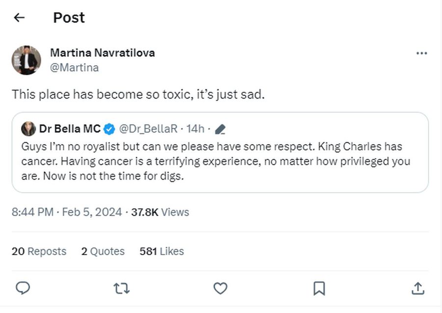 Martina Navratilova, furioasă pe glumele despre Regele Charles, diagnosticat cu cancer: „Un mediu atât de toxic”