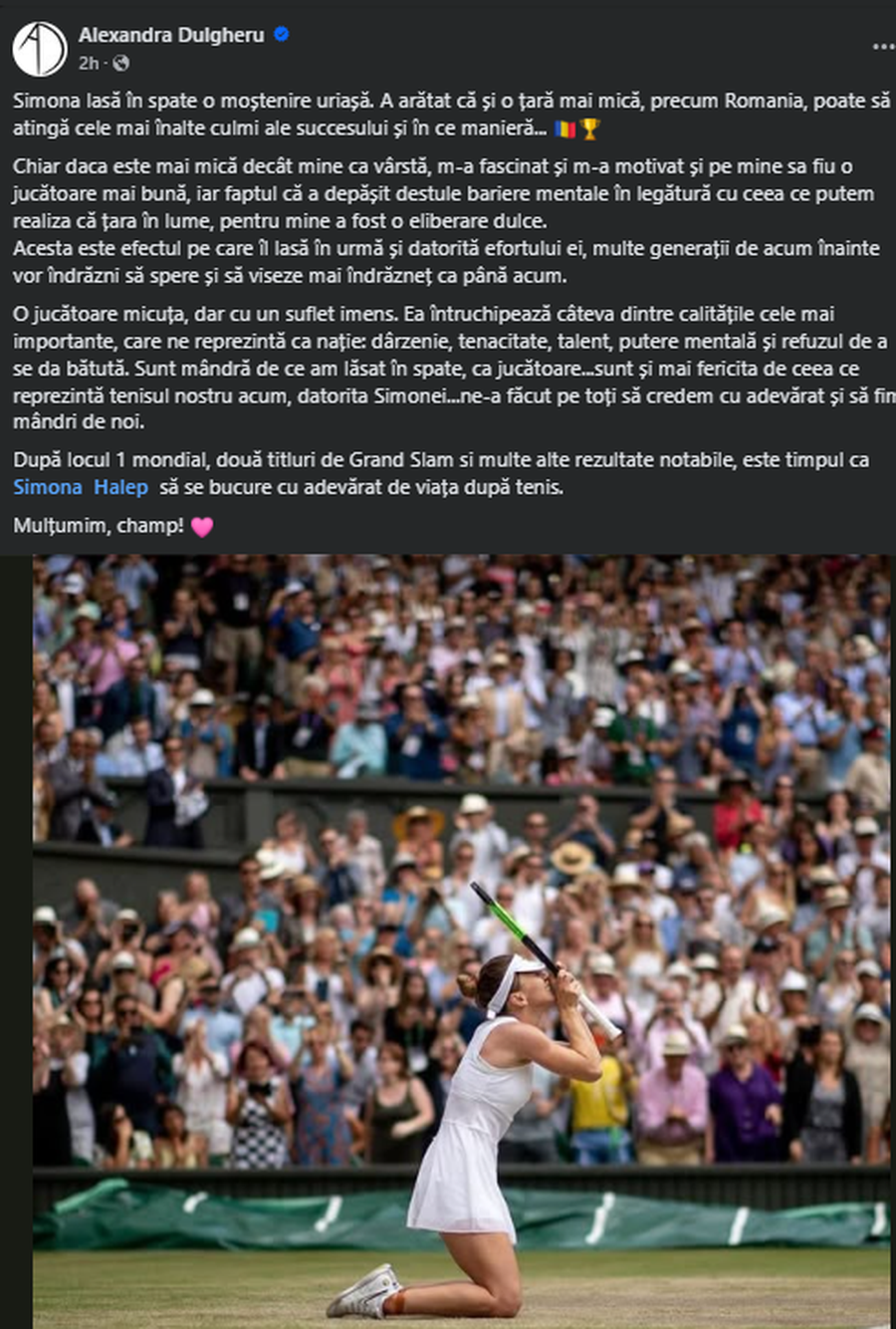 Alexandra Dulgheru, mesaj emoționant la retragerea Simonei Halep: „O jucătoare micuță, dar cu un suflet imens”