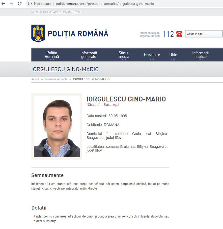 Profilul apărut astăzi pe site-ul Poliției Române FOTO Mario Iorgulescu a fost dat în urmărire de Poliția Română! Cum e descris fiul președintelui LPF pe site