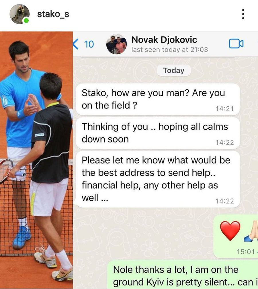A publicat mesajele primite de la Djokovic, imediat după startul invaziei din Ucraina: „Omule, ești pe front? Trimite-mi acum adresa”