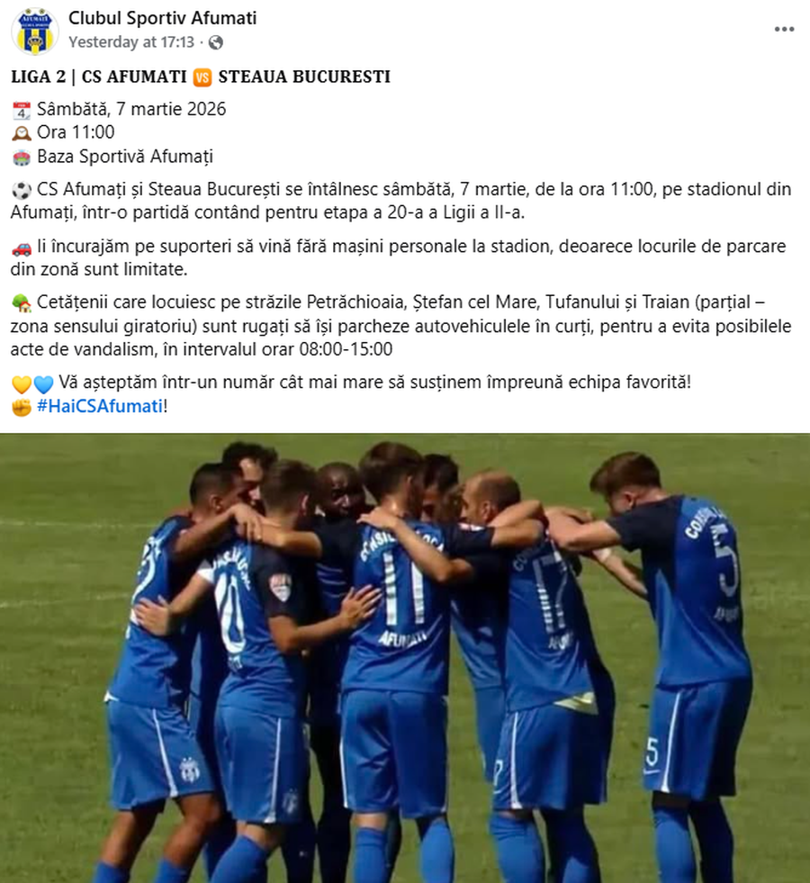 Apel neobișnuit înainte de meciul din Liga 2: „Parcați autovehiculele în curți în intervalul orar 08:00 - 15:00”