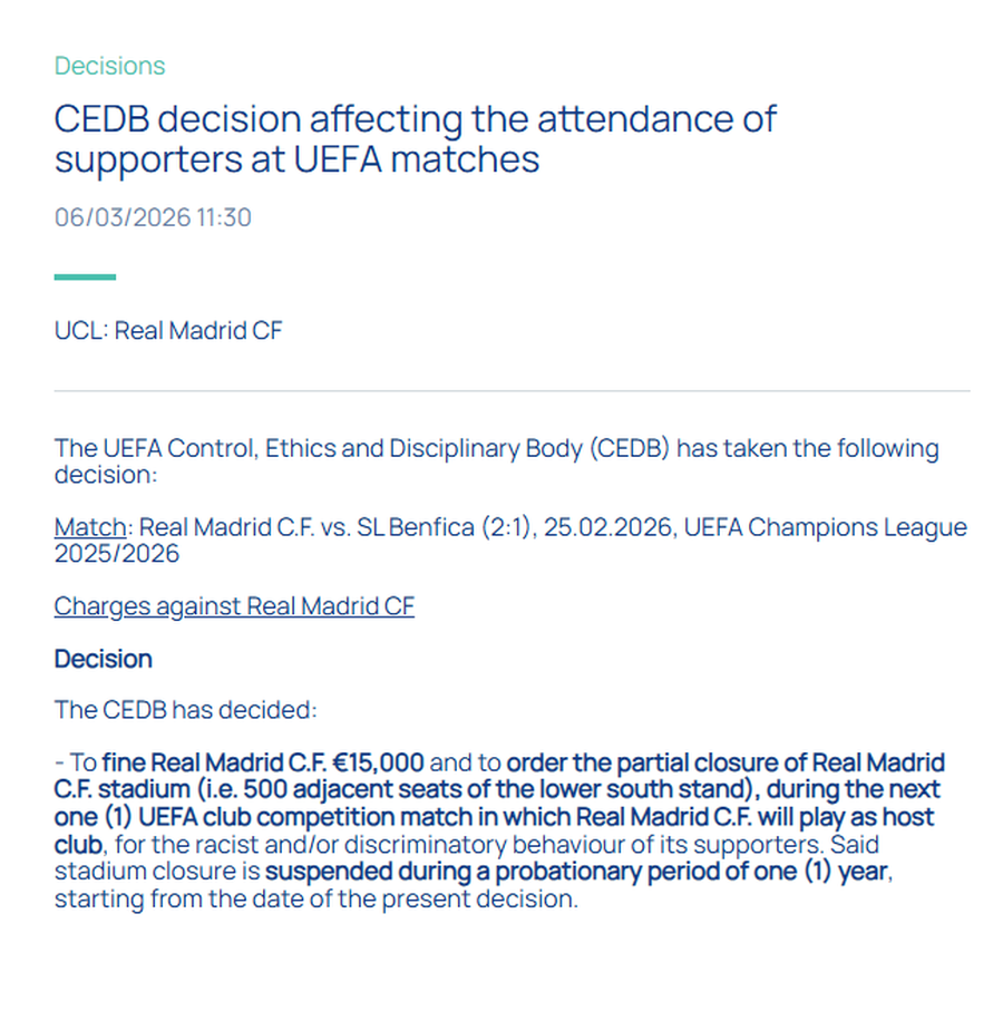 UEFA a luat decizia » Real Madrid, sancționată pentru rasism