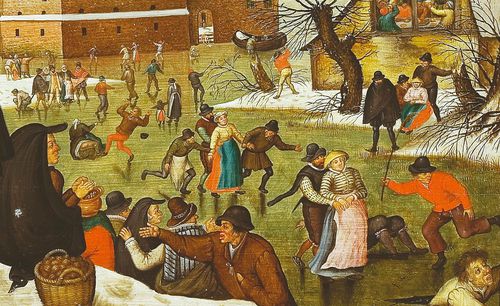 Detaliu cu patinatori din lucrarea „Iarna”, de Pieter Brueghel cel Tânăr, expusă la Muzeul de Artă al României