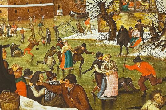 Detaliu cu patinatori din lucrarea „Iarna”, de Pieter Brueghel cel Tânăr, expusă la Muzeul de Artă al României