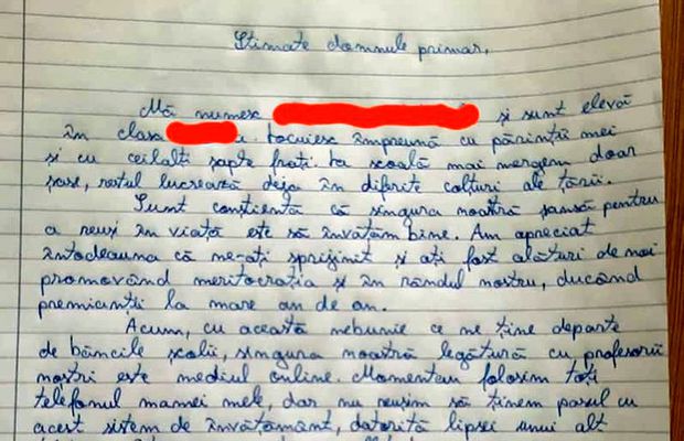 Scrisoarea emoționantă a elevei din Vaslui pentru primar: „Vă rog cu toată fiinţa mea să îmi împrumutaţi un telefon, pentru a-mi putea face temele” + Reacția edilului: „Mi-au dat lacrimile, copil minunat!”