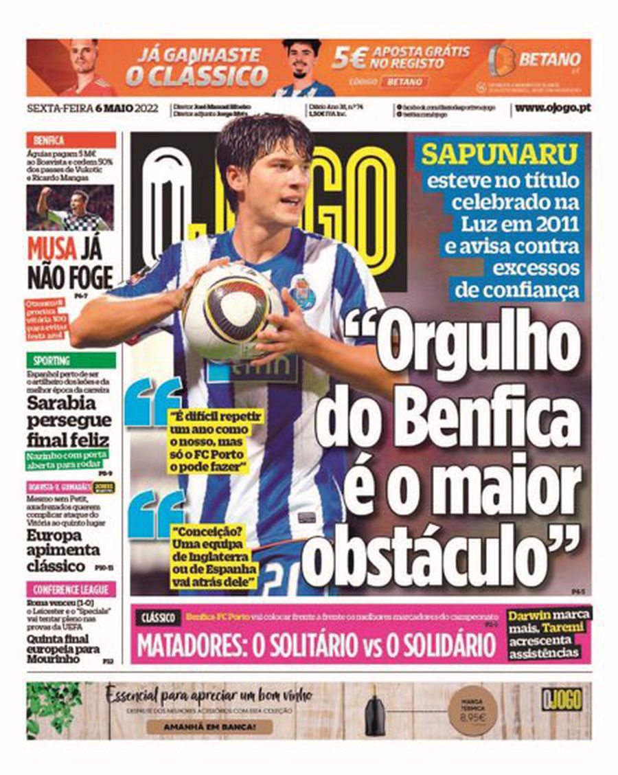 Săpunaru, pe prima pagină în O Jogo Săpunaru, pe prima pagină în O Jogo, despre cum se repetă istoria: „Doar Porto o poate face! A fost tare când au stins luminile pe Da Luz”