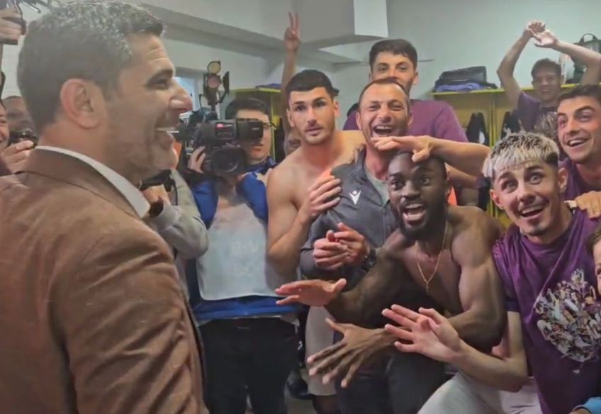 FOTO + VIDEO Imagini fabuloase din vestiarul lui FC Argeș! Primarul a intrat peste jucători și a negociat primele de promovare: „El a insistat”