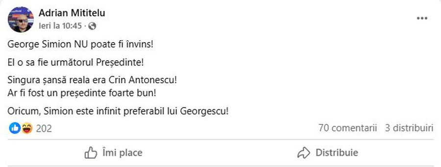 Sursă foto: Facebook Adrian Mititelu Adrian Mititelu se bagă și în alegeri » Pe cine vede președintele României: „Singura șansă reală era...”