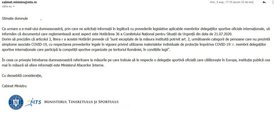 Mailul primit de redacție de la Ministerul Tineretului și Sportului