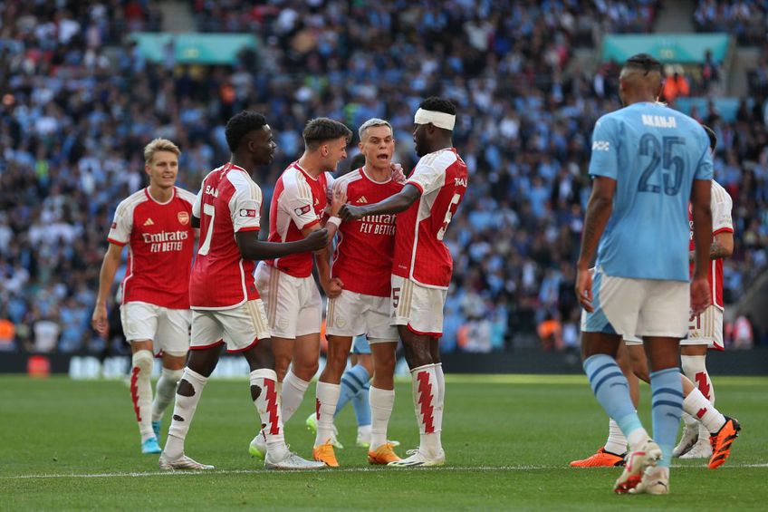 Arsenal a câștigat Supercupa Angliei, după 1-1 și 4-1 la penalty-uri cu Manchester City. „Tunarii” au fost conduși, dar au egalat cu un gol norocos, șut deviat al lui Trossard, în minutul 90+11/ foto:  Imago Images