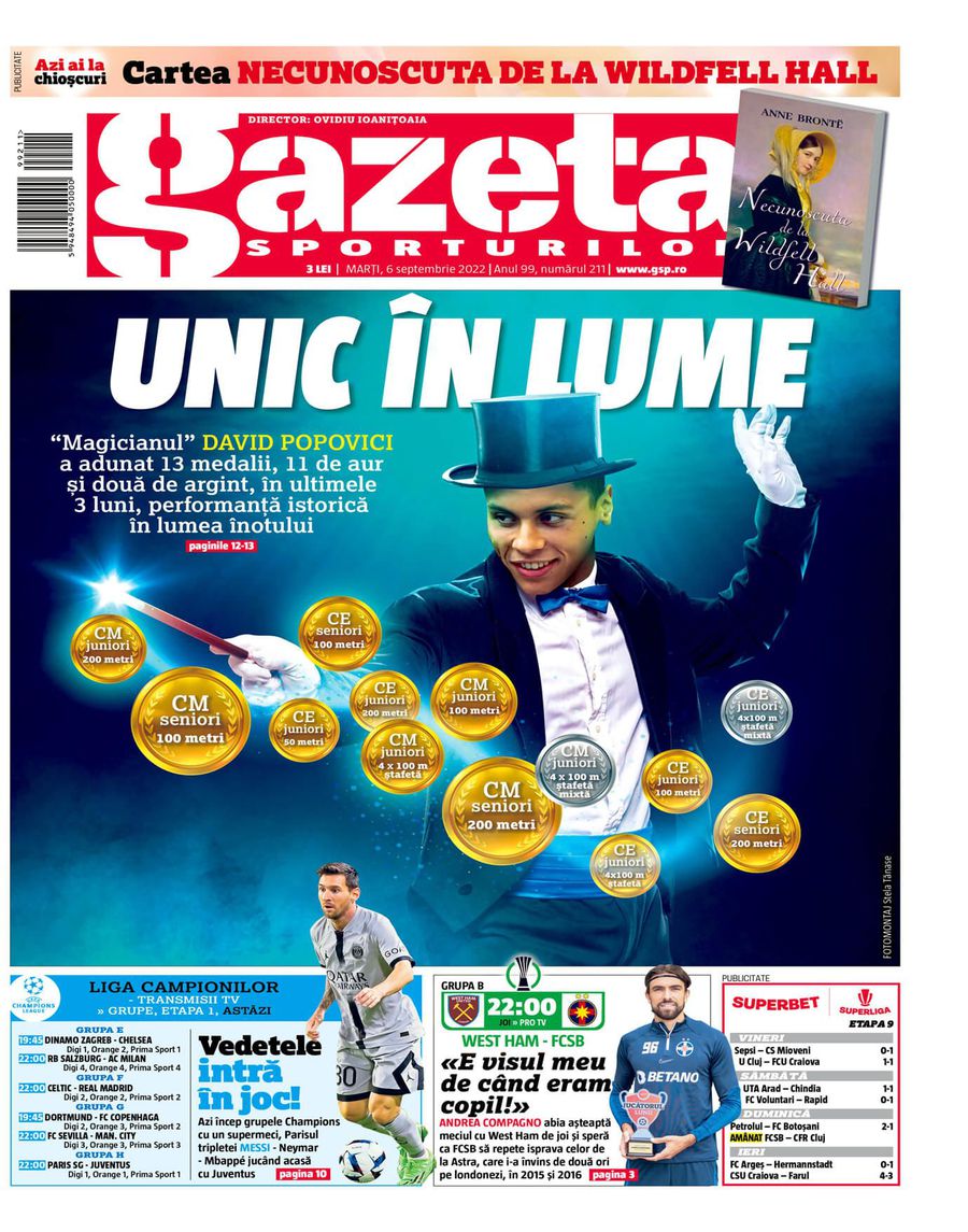 „Unic în lume” » Gazeta i-a dedicat coperta ediției de astăzi a ziarului „magicianului” David Popovici
