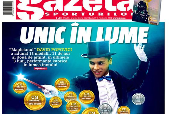 „Unic în lume” » Gazeta i-a dedicat coperta ediției de astăzi a ziarului „magicianului” David Popovici