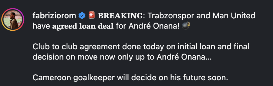 Anunțul făcut de Fabrizio Romano pe pagina sa de Instagram S-au înțeles cu Manchester United pentru transferul lui Andre Onana