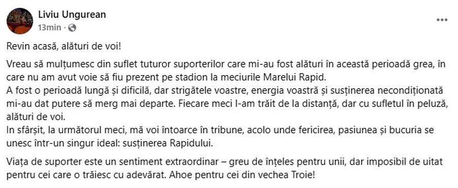 Liviu „Bocciu” Ungurean și-a anunțat revenirea în peluza Rapidului, chiar la derby-ul cu Dinamo: „Ahoe pentru cei din vechea Troie!”