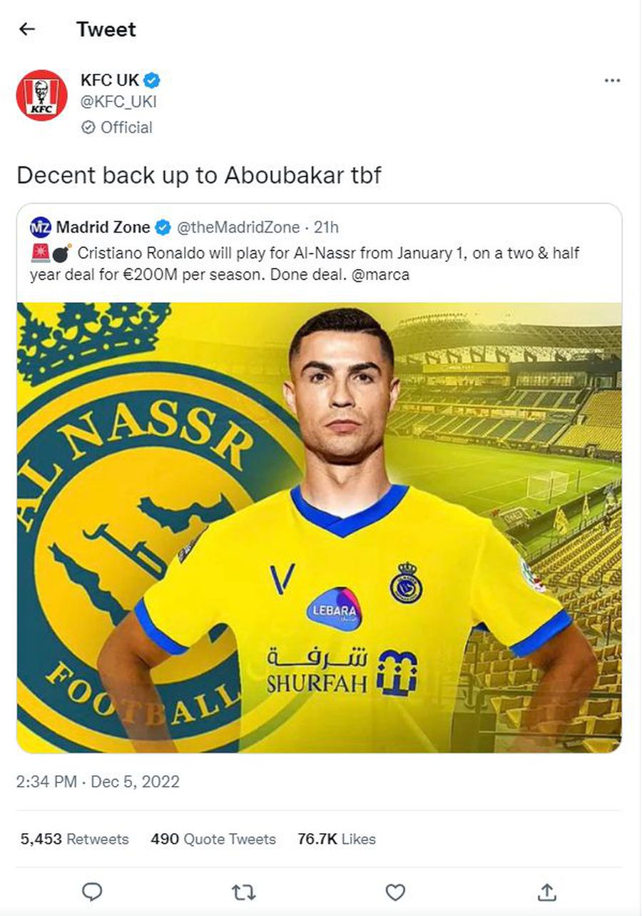 Ironia englezilor de la KFC Marea Britanie. Foto: Captură Twitter @KFC UK KFC ironizează noul transfer al lui Cristiano Ronaldo: „Va fi o rezervă decentă pentru Aboubakar”