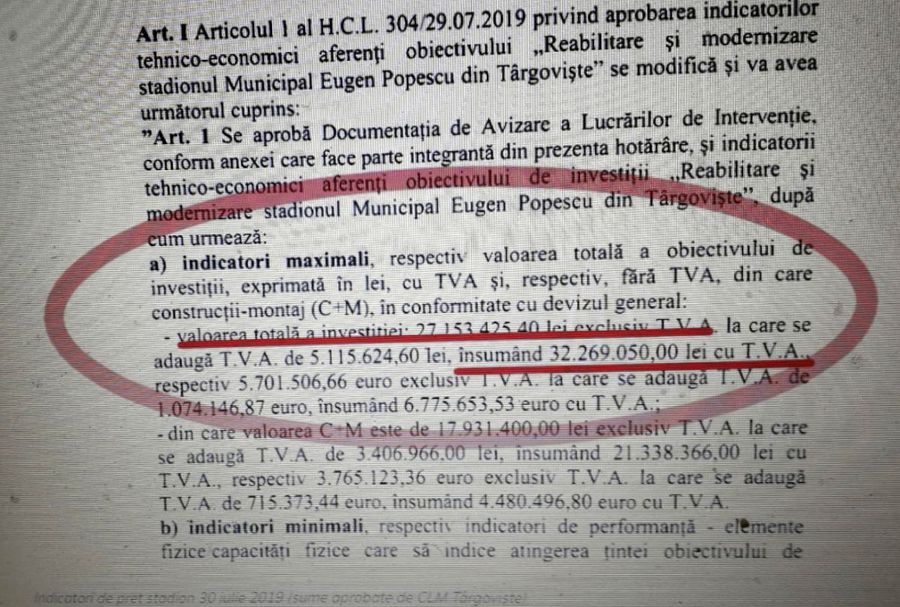 Facsimilele cu primele două costuri anunțate ale investiției 15 milioane € în loc de 6,7 milioane! Singura arenă fără peluze din Superliga a ajuns să coste mai mult decât dublul sumei estimate inițial