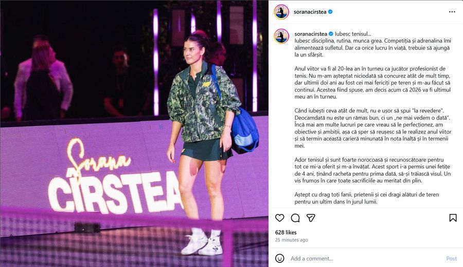 Sorana Cîrstea și-a anunțat retragerea din tenis: „Te iubesc, îți voi rămâne datoare pe veci!”
