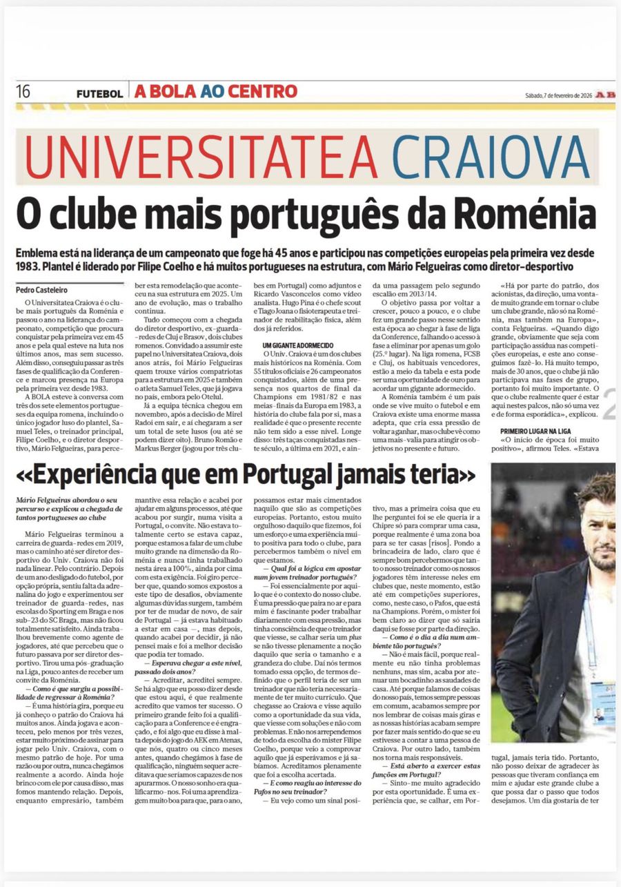 Universitatea Craiova, material dedicat pe trei pagini în A Bola: „Cel mai portughez club din România”
