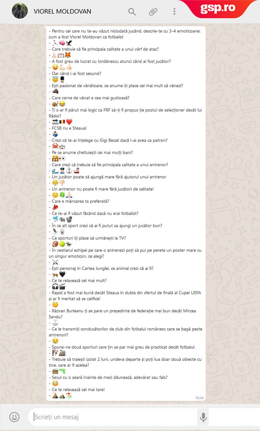 WhatsApp Q&A » Viorel Moldovan intră în provocarea GSP: cum răspunde cu un emoticon la întrebări și afirmații inedite