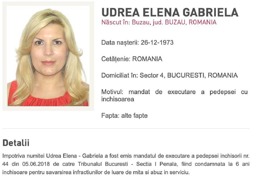 Elena Udrea, dată în urmărire generală DOSARUL GALA BUTE. Tribunal din Bulgaria: Elena Udrea va fi extrădată » Decizia nu e definitivă