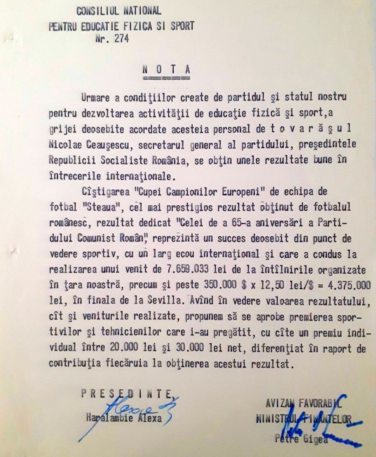 Documente dezarhivate, la 36 de ani de la Sevilla » Ce premii ar fi trebuit să primească inițial „viteziștii”, în loc de ARO + Ceaușescu: „Un loc 1 nu e suficient”