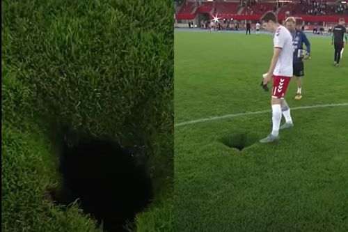Gaură uriașă în gazon la meciul Austria - Danemarca
