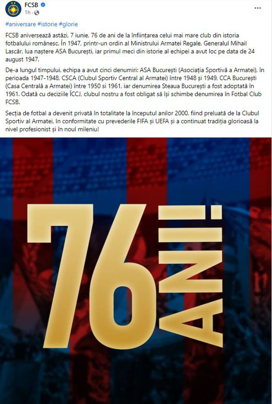 UEFA, de partea FCSB în războiul cu CSA! Mesajul postat chiar pe 7 iunie,  la 76 de ani de la înființarea Stelei București