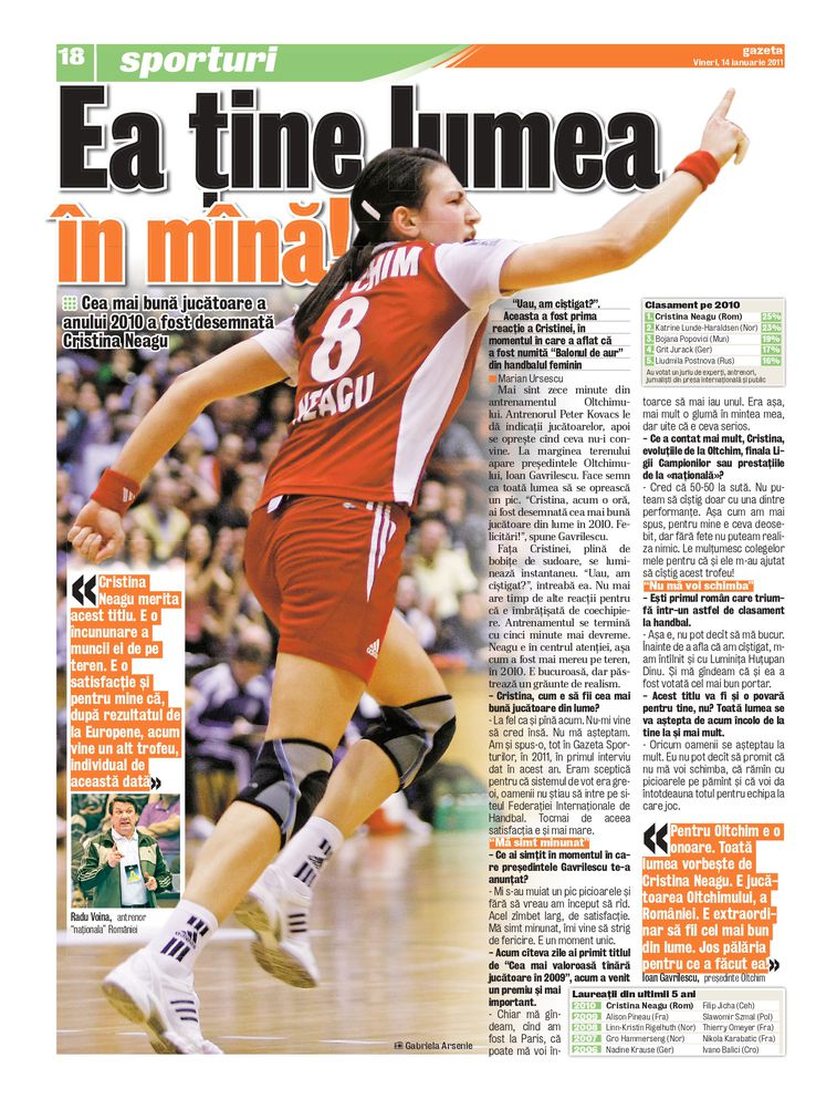 Articol despre Cristina Neagu atunci când a primit primul trofeu de cea mai bună jucătoare a lumii  în 2011