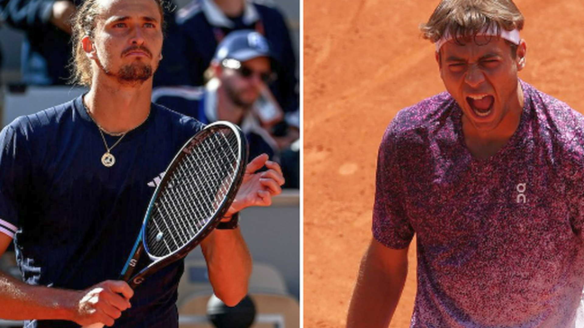 Alexander Zverev și Flavio Cobolli în timpul încălzirii pe terenul Philippe Chatrier înaintea finalei Roland Garros 2024. | sursa foto: Gazeta Sporturilor