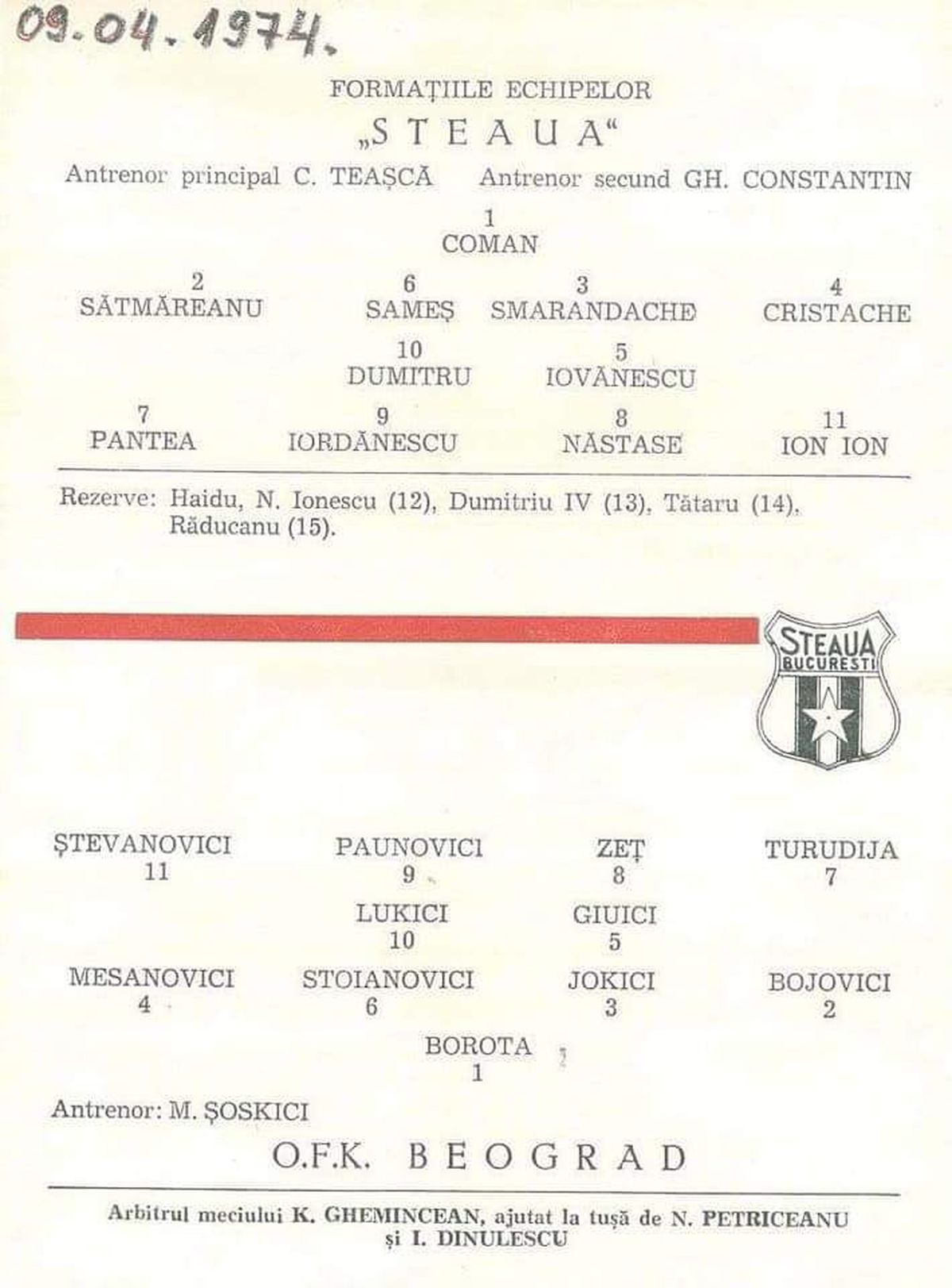 CSA STEAUA - OFK BELGRAD 1974