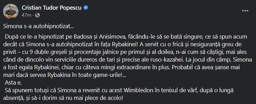 CTP, după eliminarea Simonei Halep de la Wimbledon: „S-a autohipnotizat. A servit cu o frică și nesiguranță greu de privit”