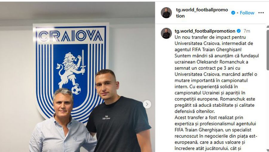 Sursă foto: Instagram I-a dat de gol pe olteni! Impresarul a furat startul, apoi a șters anunțul legat de transfer: „O mutare importantă în campionatul intern”