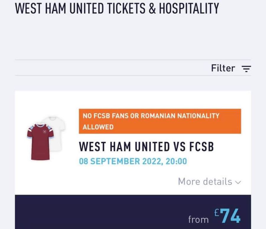 Măsură draconică înainte de West Ham - FCSB » Un site britanic nu vinde bilete fanilor de naționalitate română!