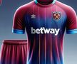 West Ham - mai multe linii colorate traversează tricoul de sus până jos.