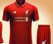 Liverpool - apar mai multe linii subțiri de culoare aurie, prezente și pe guler, care lipsește din design-ul tricoului original.