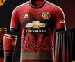 Manchester United - „diavolii roșii” primesc mai multe perechi de coarne pe tricou. În partea de jos, mai multe linii roșii, albastre și aurii îl străbat de la stânga la dreapta.