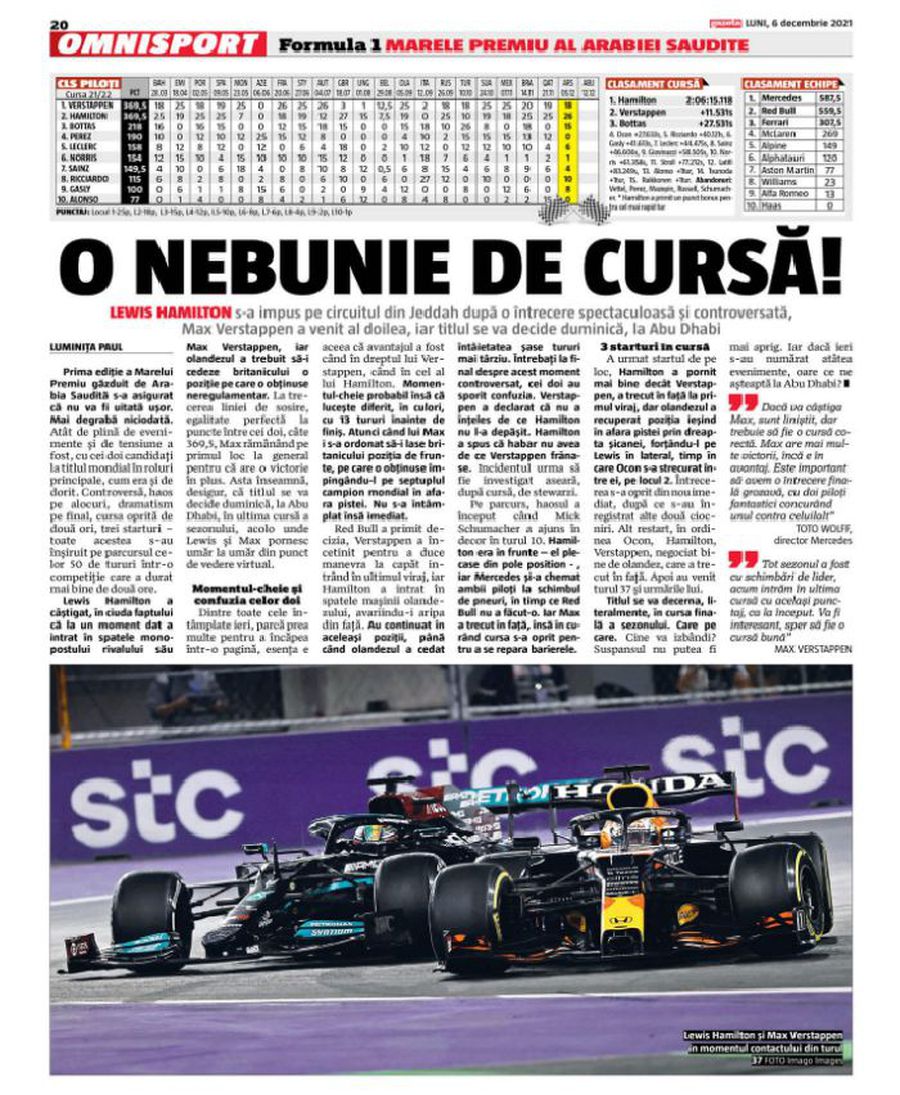 Cronica din Gazeta Sporturilor, după cursa nebună din Arabia Saudită „Atunci ne-am ciocnit” » Hamilton și Verstappen, explicații pentru accidentul incredibil din Arabia Saudită