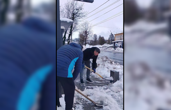 Imagini rare! Președintele liderului din Liga 2 a scos lopata și a venit la deszăpezit cu antrenorul și căpitanul