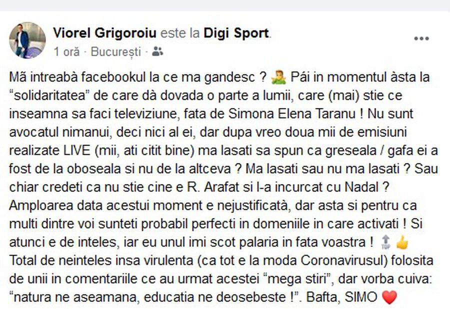 VIDEO Simona Țăranu, apărată de colegi, după ce l-a invocat pe Rafael Nadal în locul lui Raed Arafat, în direct, pe post: „Gafă de la oboseală”