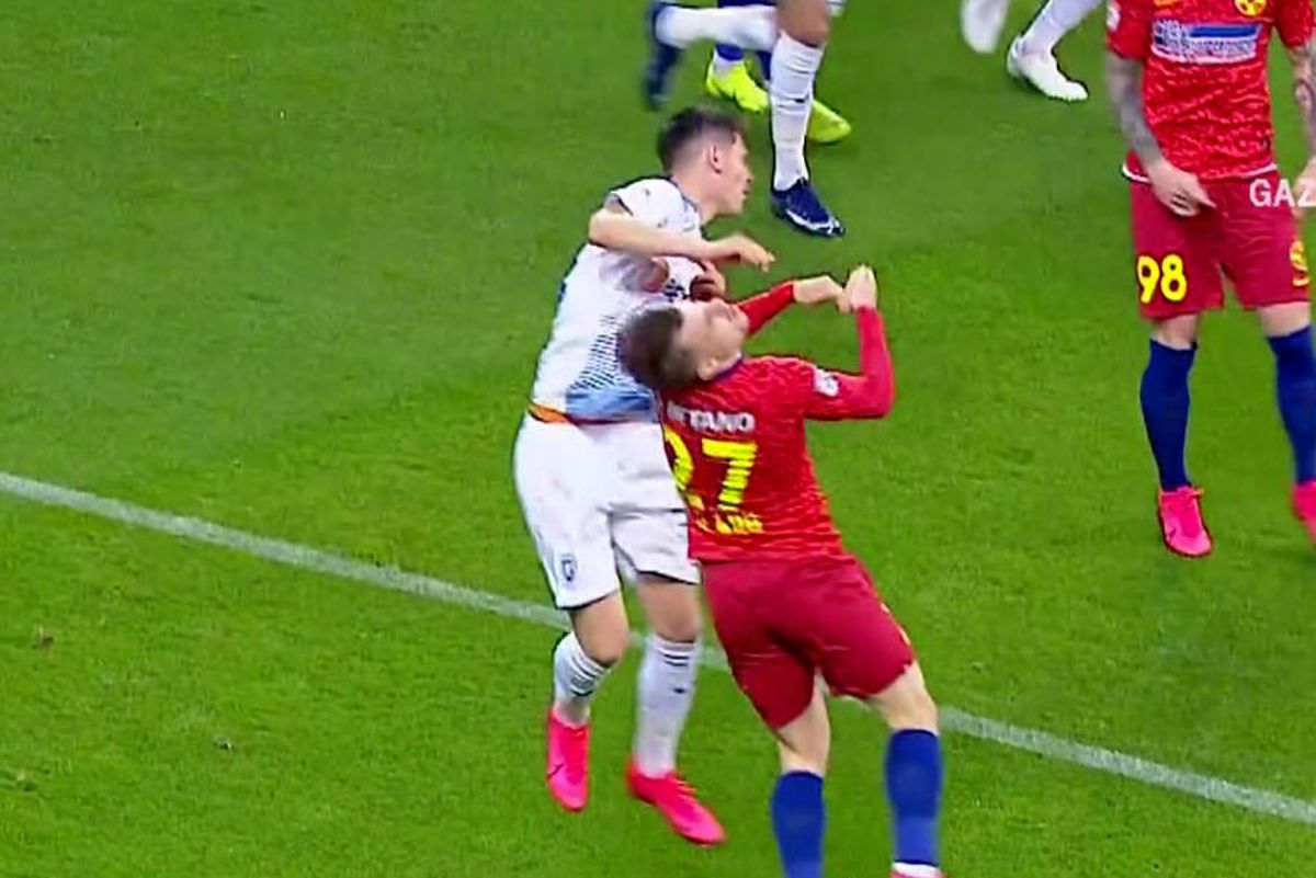 FCSB - CRAIOVA // FOTO Ciocnire groaznică, după două minute de la start: Darius Olaru, dus cu ambulanța la spital!
