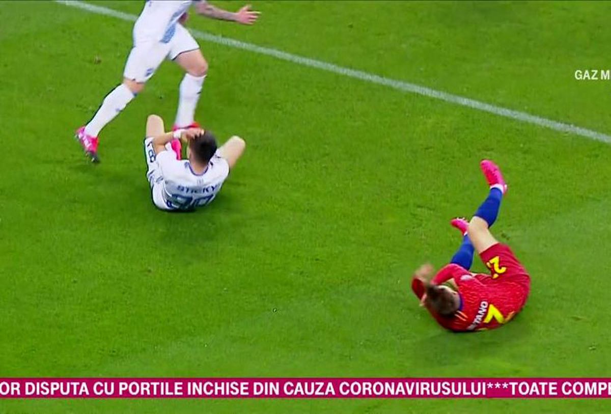 FCSB - CRAIOVA // FOTO Ciocnire groaznică, după două minute de la start: Darius Olaru, dus cu ambulanța la spital!