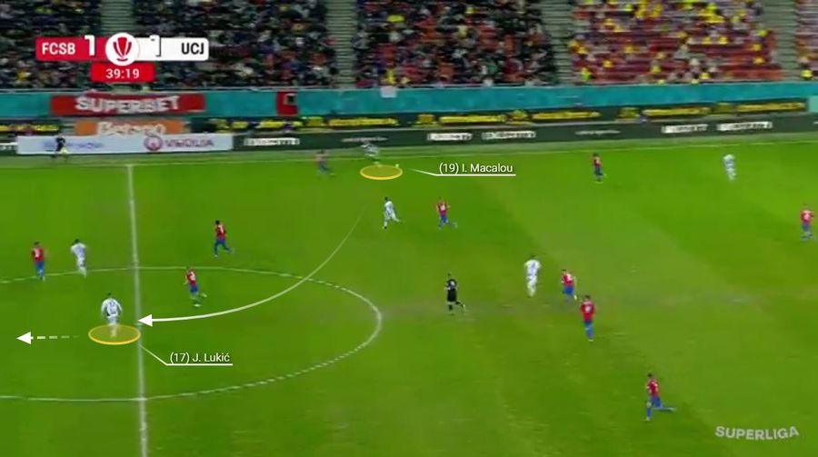 Și golul lui Lukic este lecție de contraatac. Pasa aeriană surprinde apărarea roș-albaștră. Fotografie generată în platforma Wyscout Ce rămâne după Charalambous » Trei mari probleme pentru FCSB înainte de play-out
